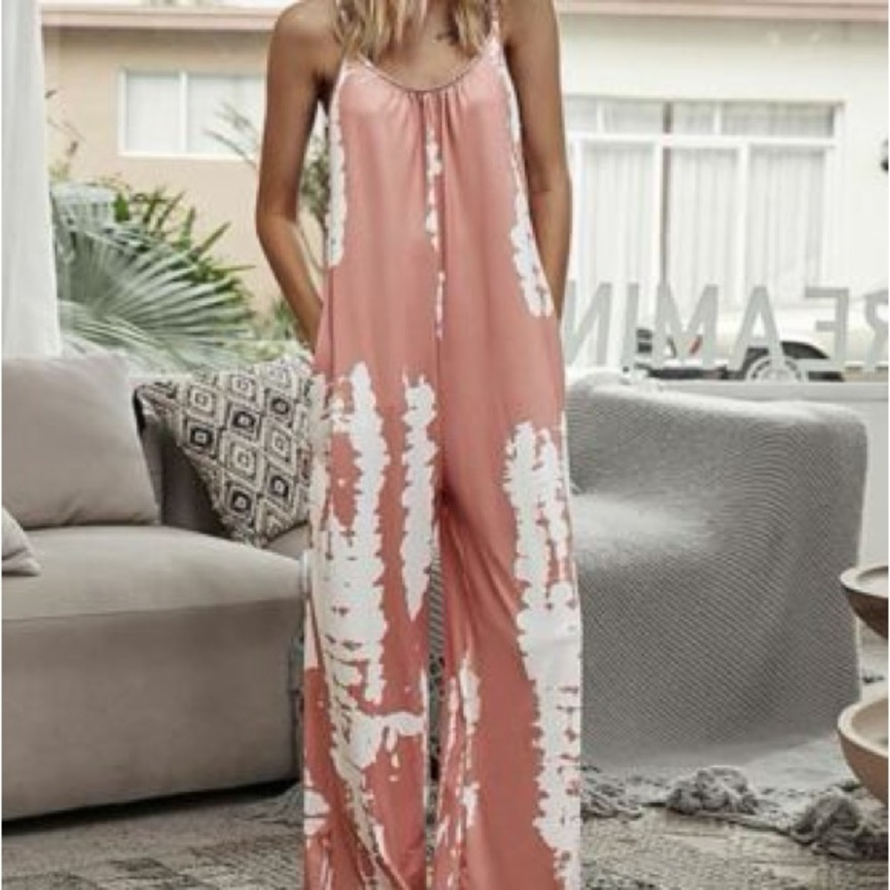Women's Coral Tie-Dye Wide Leg Jumpsuit size Small Sabby Chic Romper one piece